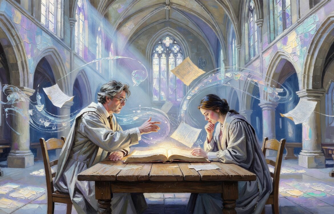 Oil painting of two figures debating at an oak table in a university great hall, opal and silver tones, AI essay writing tools comparison