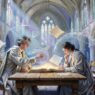 Oil painting of two figures debating at an oak table in a university great hall, opal and silver tones, AI essay writing tools comparison