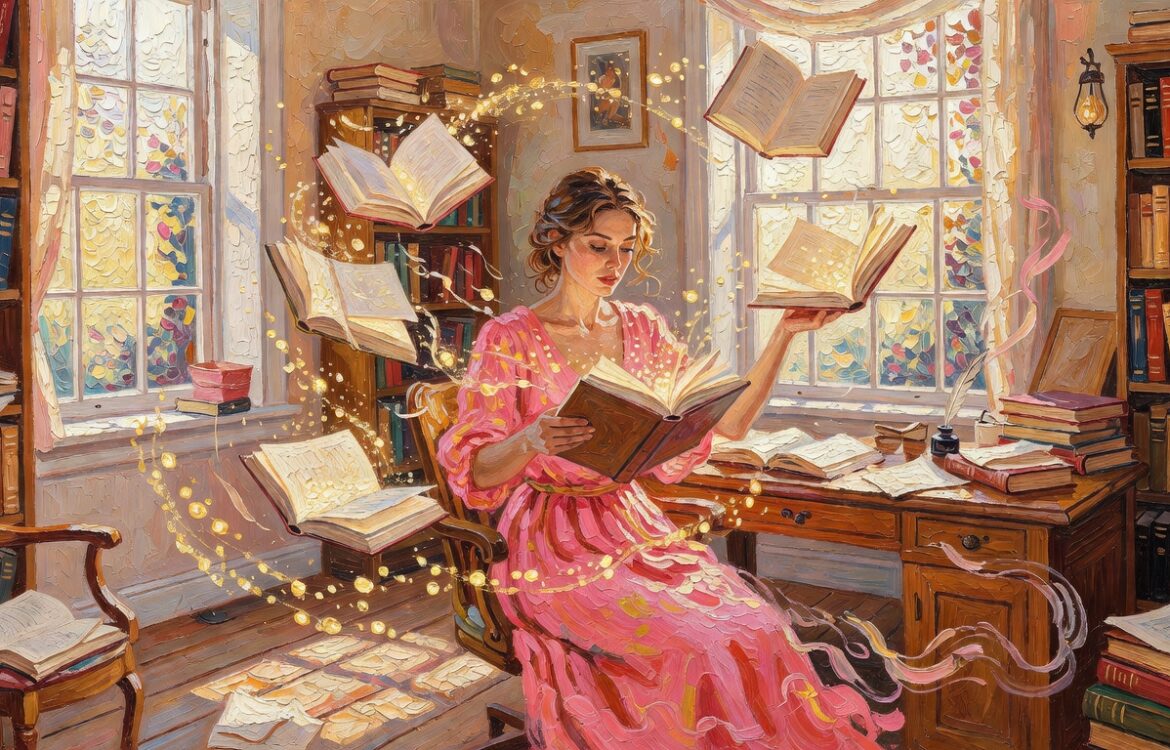 Oil painting of a woman with glowing notebooks in a sunlit study, bold brushwork and impasto texture, AI paraphrasing tools for students