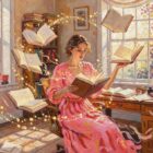 Oil painting of a woman with glowing notebooks in a sunlit study, bold brushwork and impasto texture, AI paraphrasing tools for students