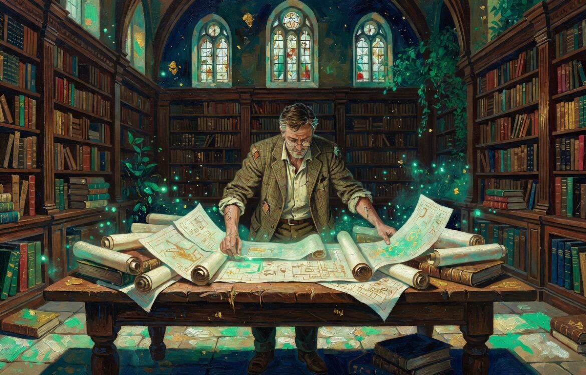 Oil painting of a scholar organizing glowing scrolls in a grand archive with bold brushwork, jade and gold palette, representing AI citation tools for academic research