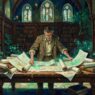 Oil painting of a scholar organizing glowing scrolls in a grand archive with bold brushwork, jade and gold palette, representing AI citation tools for academic research