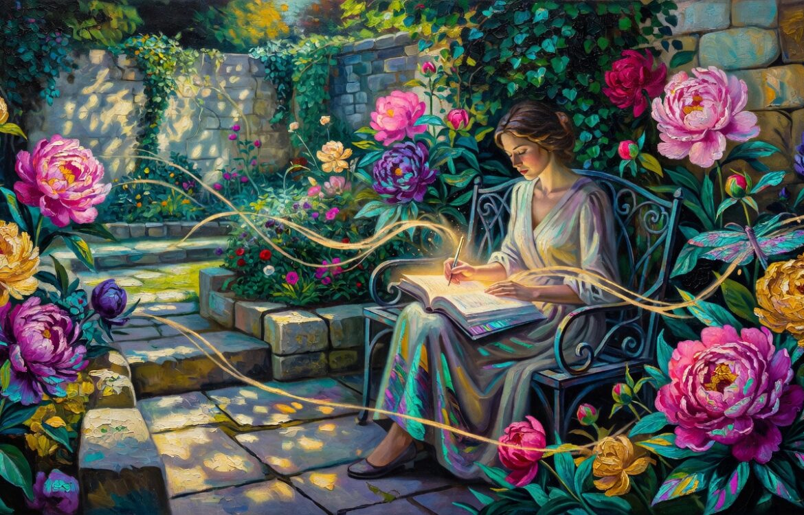 Oil painting of a woman editing a glowing manuscript in a walled garden with peonies, teal and violet dragonfly tones, AI essay editing