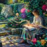 Oil painting of a woman editing a glowing manuscript in a walled garden with peonies, teal and violet dragonfly tones, AI essay editing