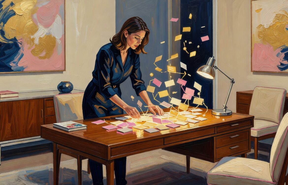 Oil painting of a woman arranging glowing index cards at a mid-century desk, twilight navy and silver tones, essay prompt outline