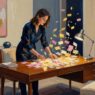 Oil painting of a woman arranging glowing index cards at a mid-century desk, twilight navy and silver tones, essay prompt outline