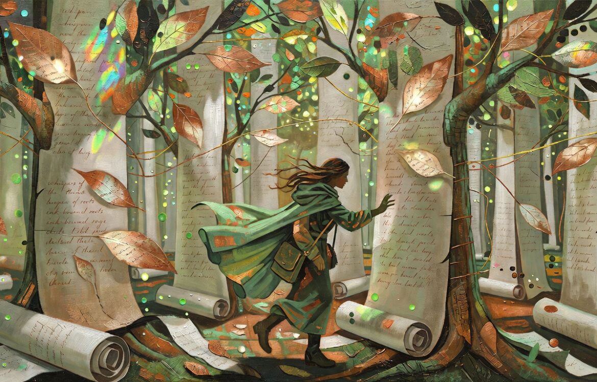 Oil painting of a woman in a forest of glowing parchment scroll trees with copper and verdigris tones, essay introduction prompts