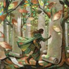 Oil painting of a woman in a forest of glowing parchment scroll trees with copper and verdigris tones, essay introduction prompts