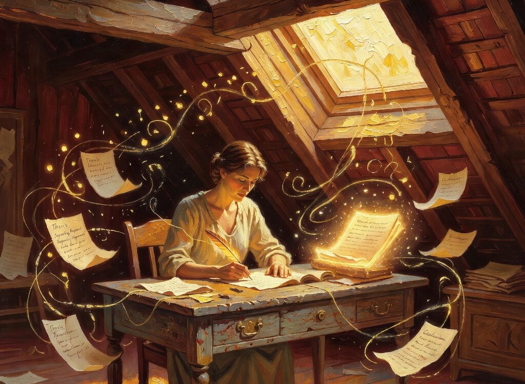 Oil painting with bold brushwork and impasto texture of a woman organizing essay structure notes in a warm attic study