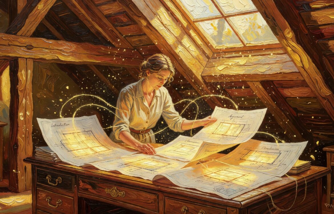 Oil painting of a woman organizing glowing essay blueprints in an attic study with skylight, bold brushwork and impasto texture, AI essay structure help