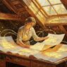 Oil painting of a woman organizing glowing essay blueprints in an attic study with skylight, bold brushwork and impasto texture, AI essay structure help