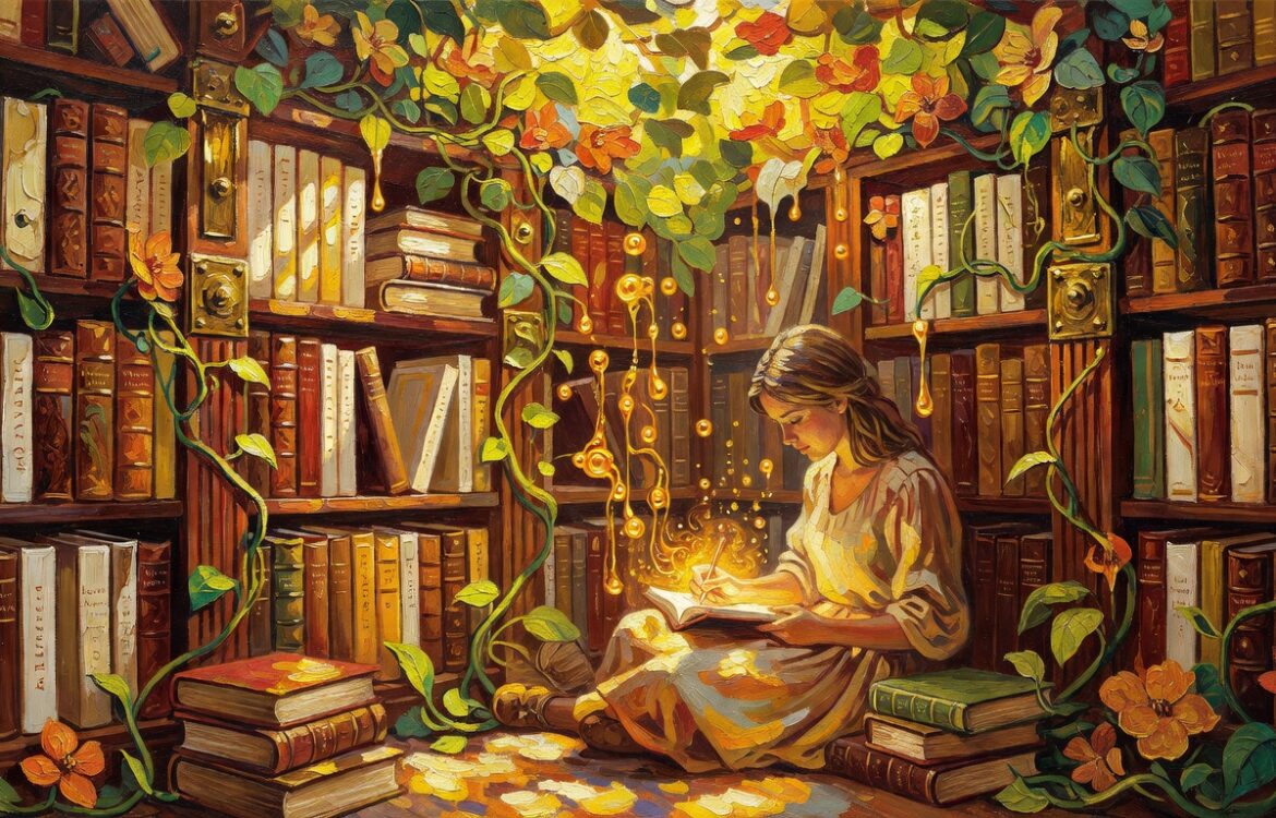 Oil painting of a woman reading among vine-covered bookshelves in a botanical library, amber and mahogany tones, free AI writing tools for students