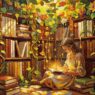 Oil painting of a woman reading among vine-covered bookshelves in a botanical library, amber and mahogany tones, free AI writing tools for students