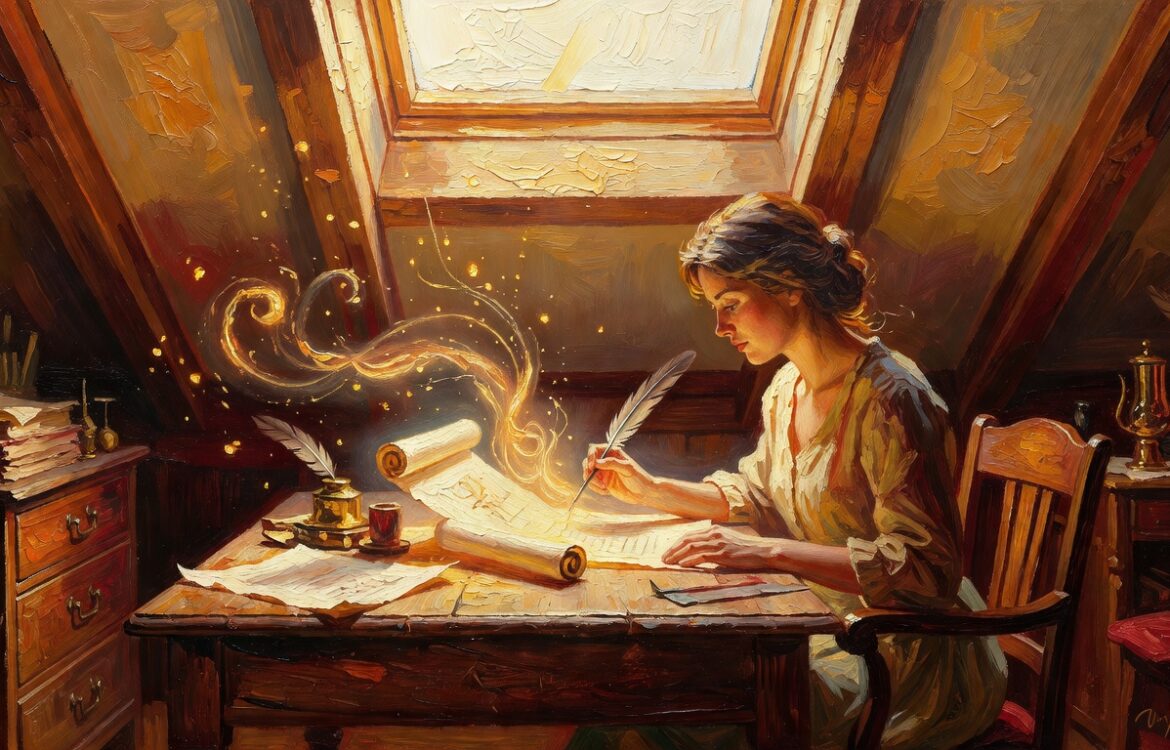Woman sitting at a wooden desk in a sunlit attic scriptorium, surrounded by old books and handwritten drafts, oil painting style