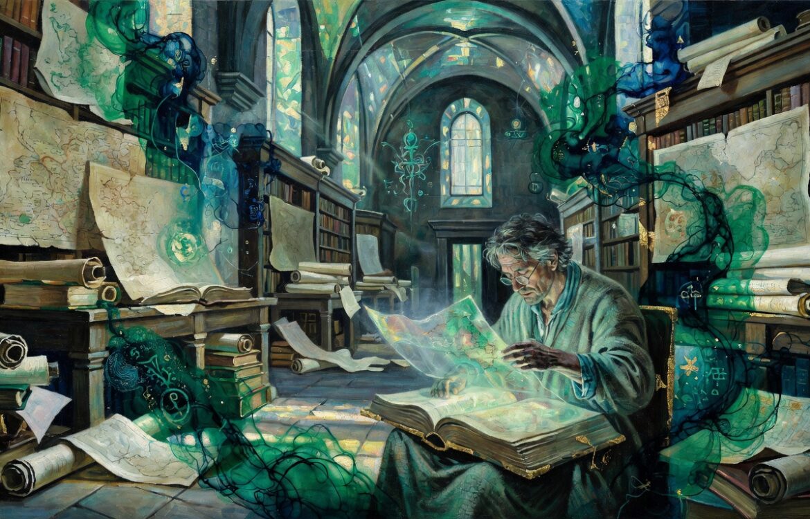 Oil painting of a scholar studying a glowing ledger in a grand archive with scrolls and maps, jade and ink tones, research notes to essay