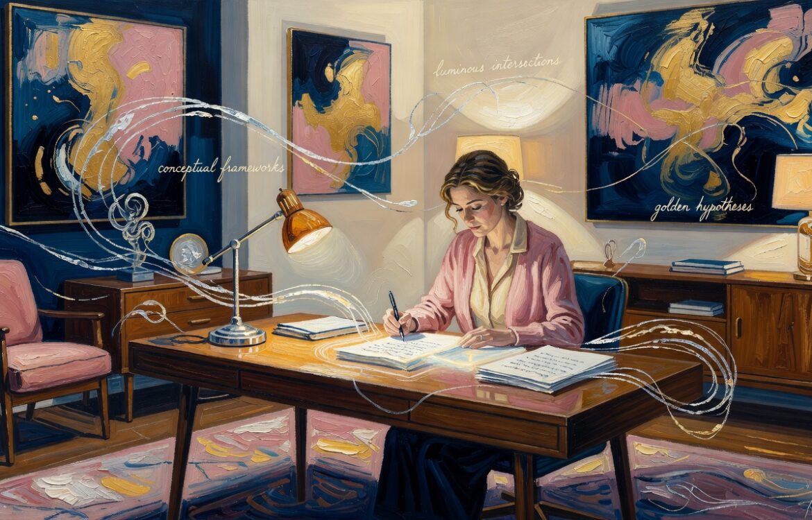 Oil painting of a woman writing at a mid-century desk under warm lamplight, twilight navy and silver palette, thesis statement writing