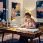 Oil painting of a woman writing at a mid-century desk under warm lamplight, twilight navy and silver palette, thesis statement writing