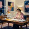 Oil painting of a woman writing at a mid-century desk under warm lamplight, twilight navy and silver palette, thesis statement writing